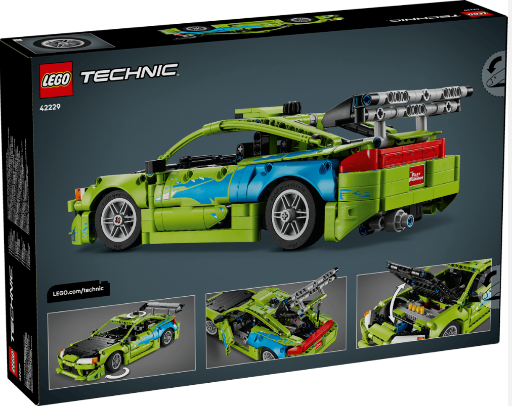 Lego Technic Autokarton: grünes Auto mit blauen Akzenten, Fast & Furious Logo.