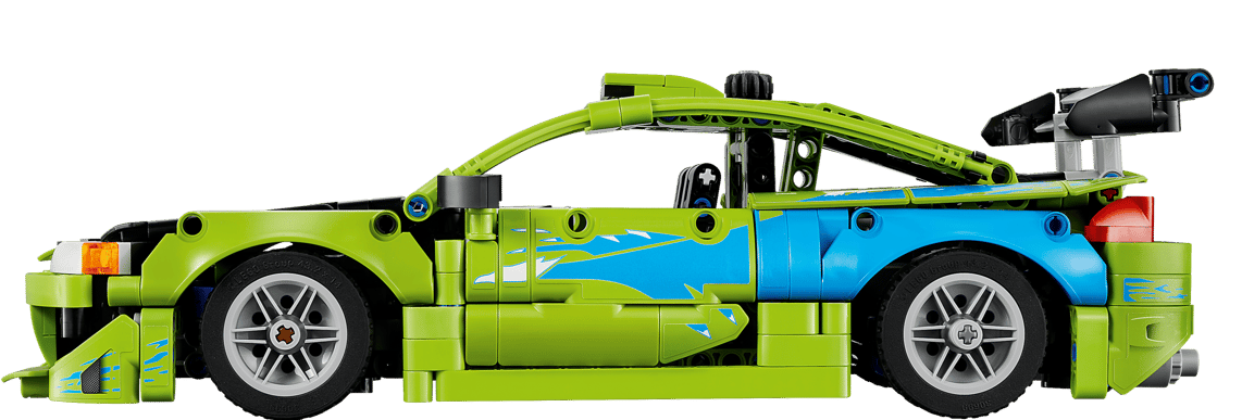 Ein grünes und blaues Lego-Technic-Auto mit Spoiler und Felgen.