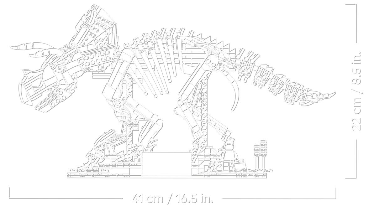 Ein weißes Lego-Skelett eines Dinosauriers, 41 cm lang und 22 cm hoch.