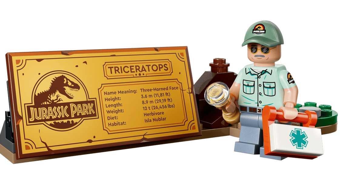Lego-Figuren und ein Schild mit Triceratops-Informationen aus Jurassic Park.
