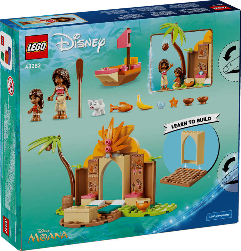 Lego-Set mit Figuren, Boot, Schwein, Fisch, Banane und einer Inselkulisse.