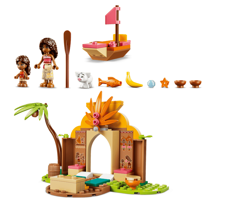 LEGO-Figuren mit Boot, Schwein, Fisch, Banane, Kugel, Stern und Schüssel auf Insel.