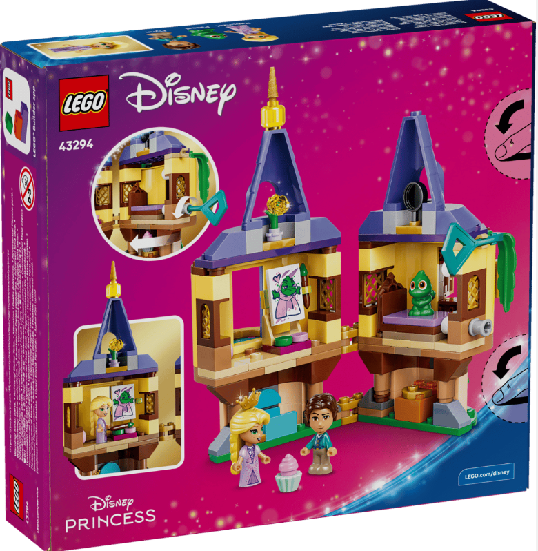 LEGO Disney Prinzessin Rapunzel Schloss Set mit Figuren und Cupcake.