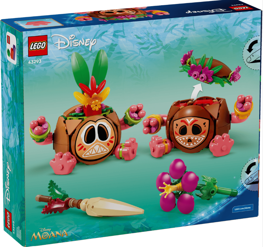 LEGO Disney Moana Spielzeugbox mit zwei Kokosfiguren, einer Waffe und Beeren.