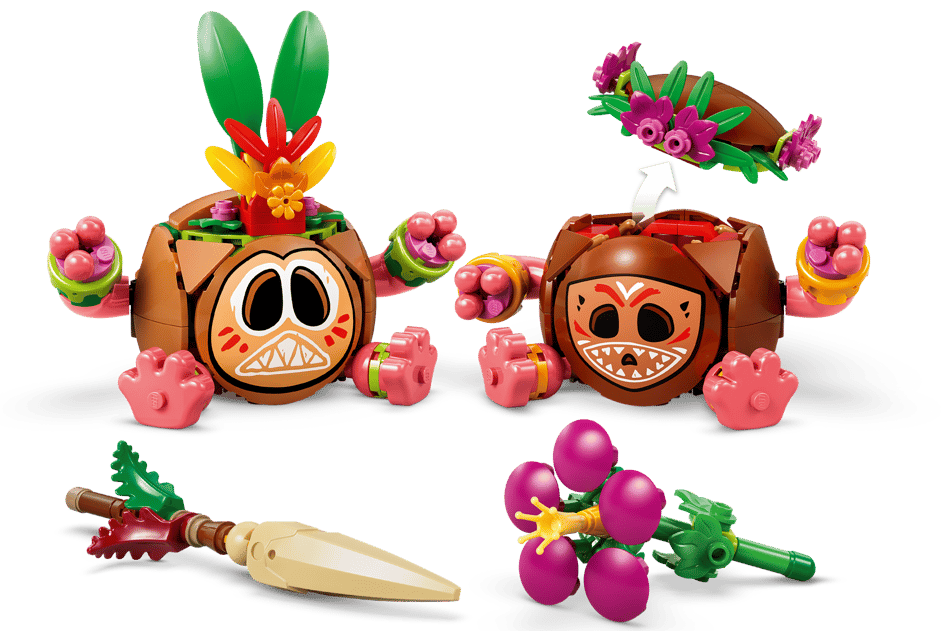 Zwei braune Lego-Figuren mit Gesichtsbemalung, Speer und Beeren.