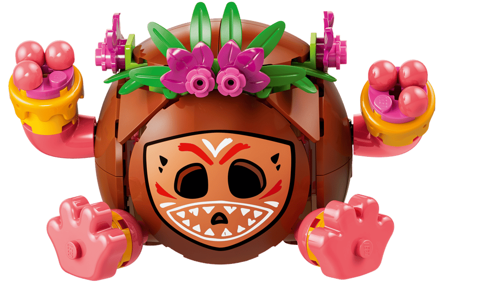 Eine braune Lego-Figur mit bemaltem Gesicht, Blumenkranz und pinken Armen.