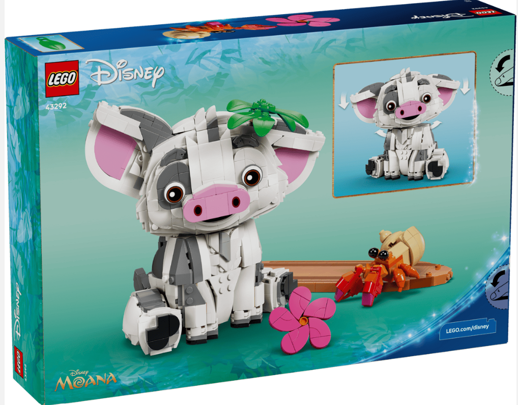 Ein LEGO-Set mit einem weißen und grauen Schwein mit rosa Ohren und einer Krabbe.