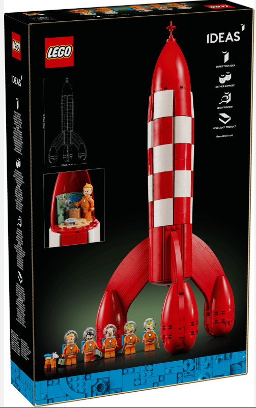 Ein roter und weißer Lego-Raketenkarton mit Astronauten-Minifiguren und einem Hund.