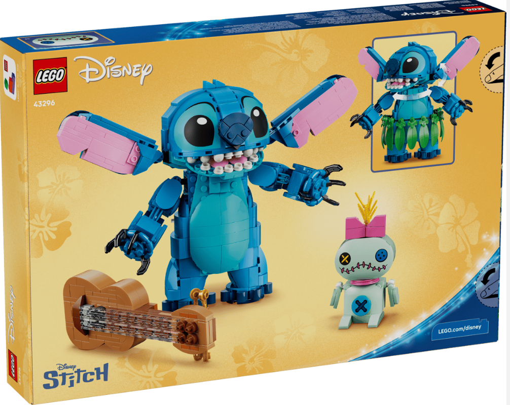 Lego-Bausatz der Disney-Figur Stitch mit Ukulele und einer kleinen Puppe.