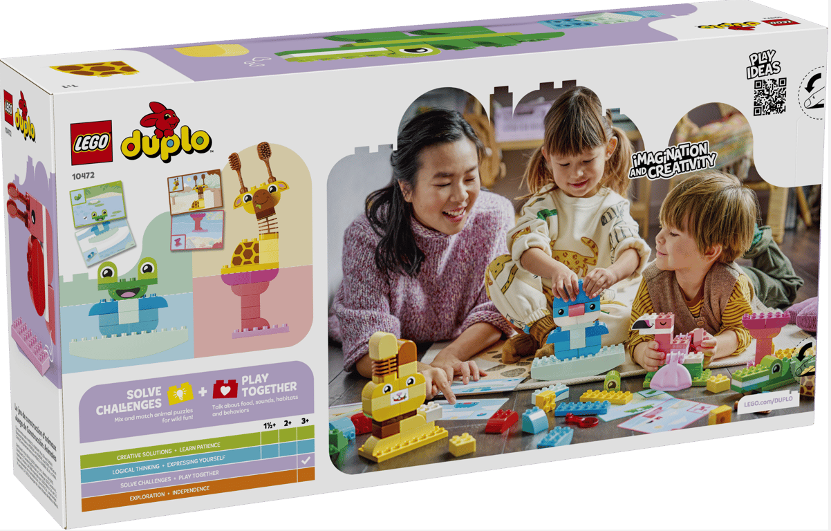 LEGO Duplo Karton zeigt Kinder und Erwachsenen beim Bauen mit bunten Klötzen. Frosch, Giraffe, Hase, Flamingo.