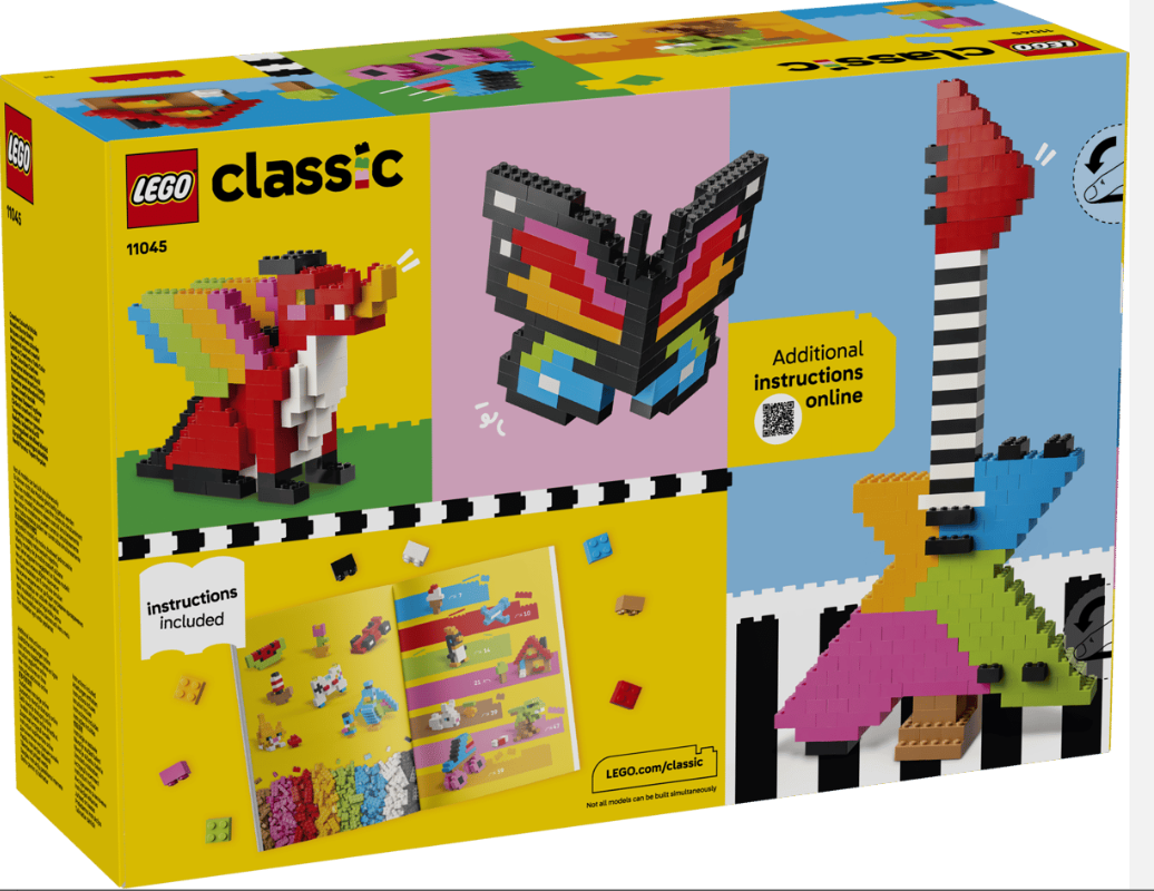 Lego Classic Box: roter Drache, Pixel-Schmetterling, Gitarre, Anleitung.