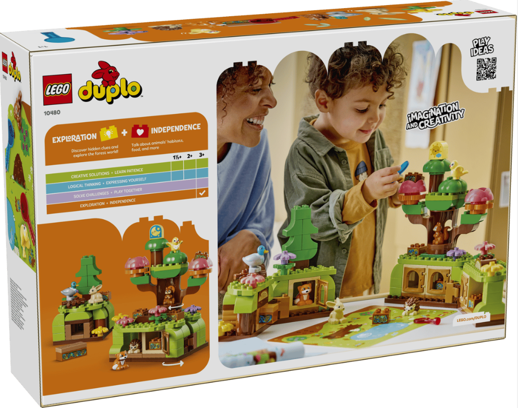 Lego Duplo Karton mit Kindern und Waldspielzeug-Set. Ein Junge baut.