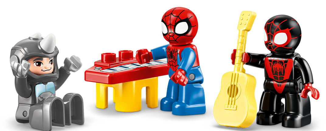 Drei Lego-Figuren: Rhino, Spiderman und Miles Morales mit Keyboard und Gitarre.