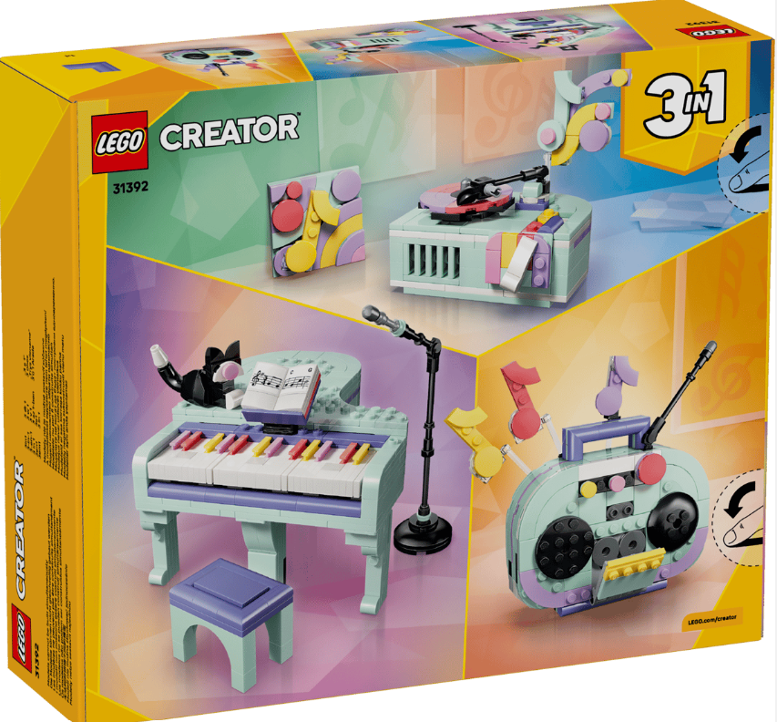 LEGO Creator 3-in-1 Box zeigt Klavier-, Plattenspieler- und Boombox-Bauten.