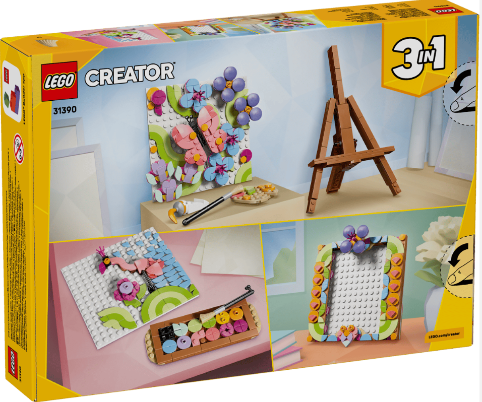 Lego Creator 3-in-1-Set mit Schmetterlingskunst, Staffelei, Flamingo-Dekor und Bilderrahmen.