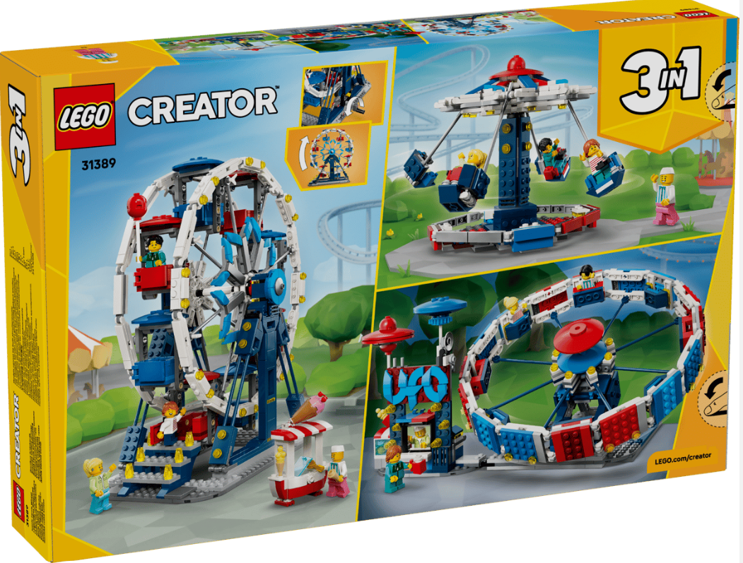 Lego Creator Box zeigt 3 Fahrgeschäfte: Riesenrad, Kettenkarussell und Karussell.