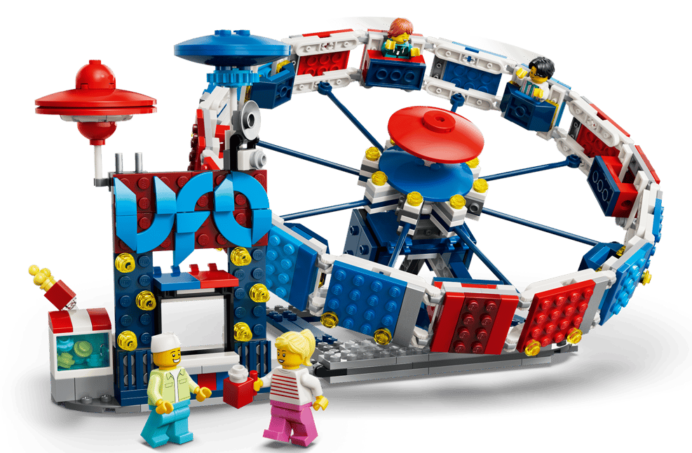 Eine Lego-Fahrgeschäft mit Minifiguren und einem Drehrad.
