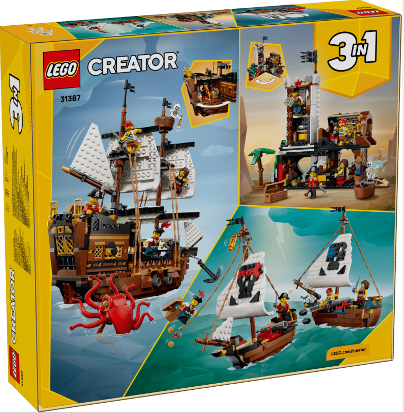 LEGO Creator Piratenschiff-Set mit drei baubaren Modellen: Schiff, Insel und kleinere Boote.