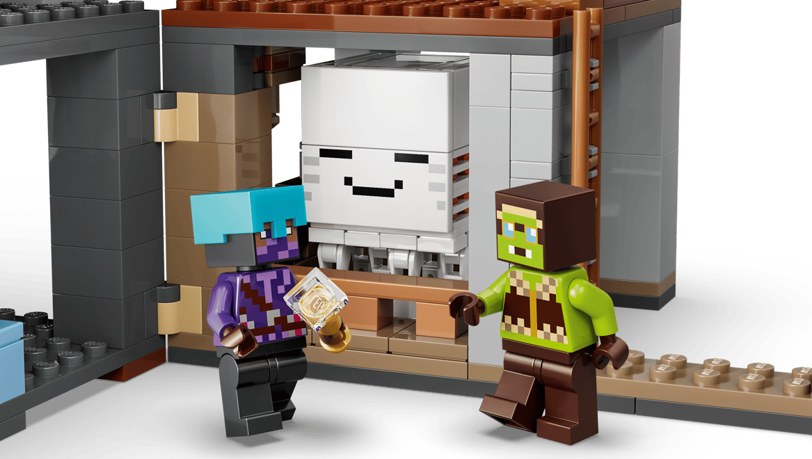 Zwei Minecraft-Figuren stehen vor einer großen weißen Skelettfigur in einer Ziegelstruktur.