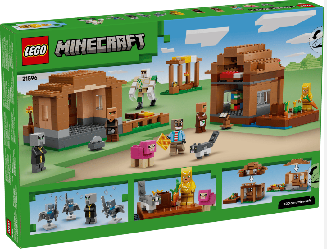 Lego Minecraft-Set mit Figuren, Häusern und einem Golem auf grüner Landschaft.