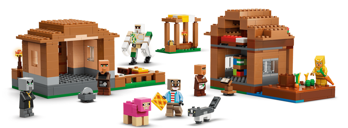 LEGO Minecraft Szene mit Figuren, Häusern, Schaf, Katze und einem Eisengolem.
