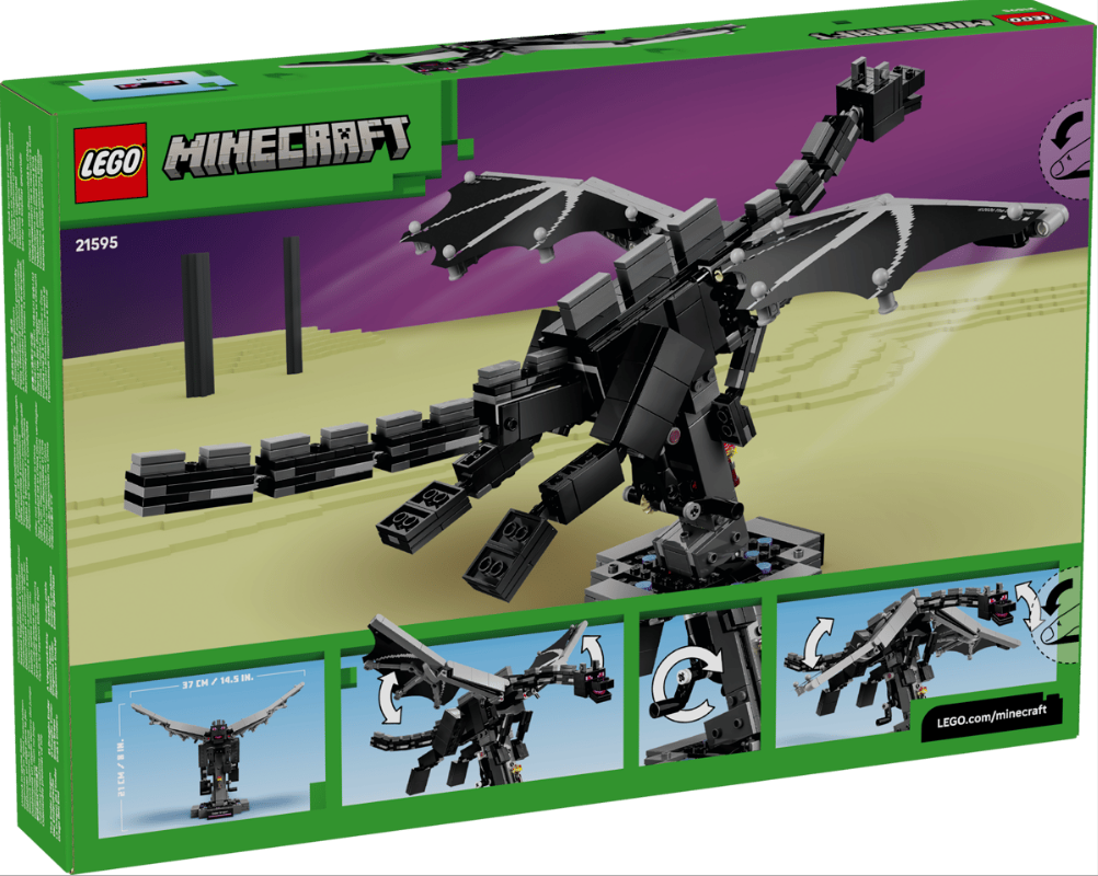 LEGO Minecraft Set mit schwarzem Drachen auf einem Sockel und lila Himmel.