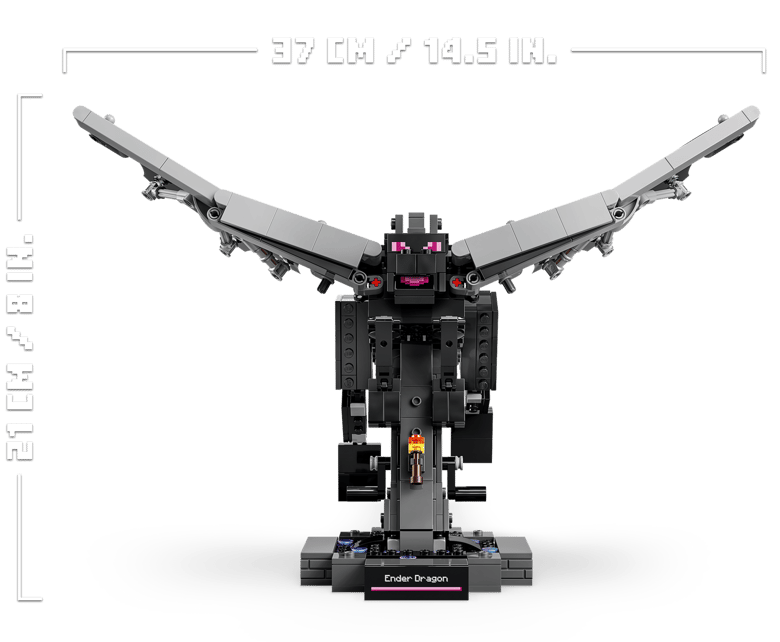 Ein schwarzer Lego-Enderdrache mit ausgebreiteten grauen Flügeln steht auf einem Sockel.