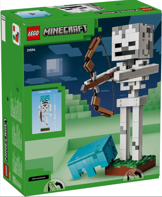 Lego Minecraft-Verpackung zeigt Skelett mit Bogen, Ghast und Maßen.