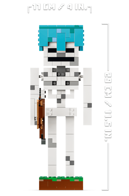 Ein Lego-Skelett mit blauem Haar und einem braunen Bogen.
