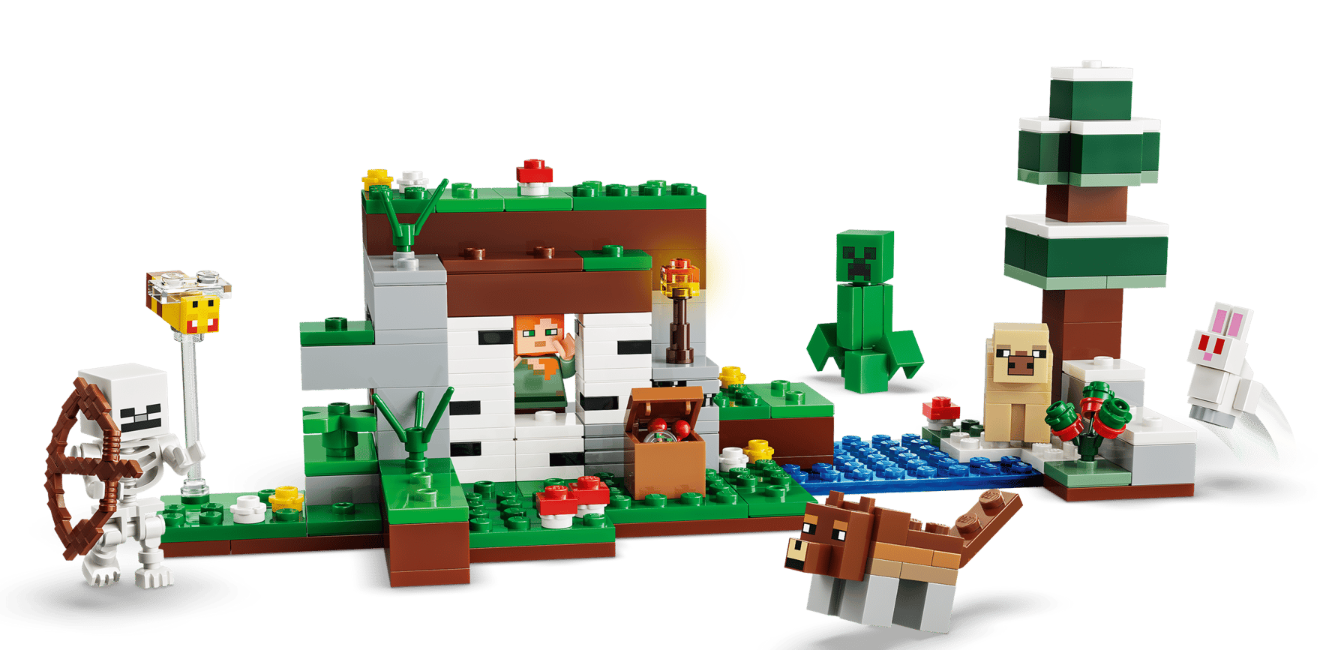 Lego Minecraft Szene mit Alex, Skelett, Biene, Creeper, Lama, Hase, Hund und Baum.