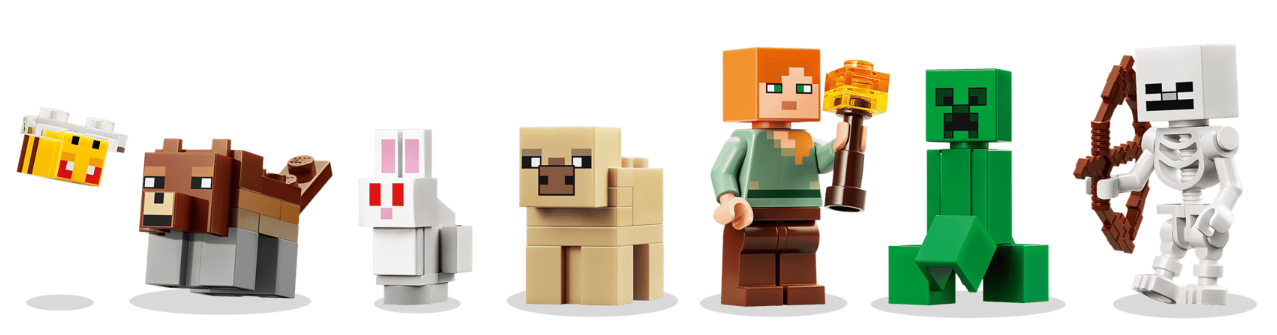Lego-Figuren: Biene, Bär, Hase, Lama, Alex mit Fackel, Creeper, Skelett.