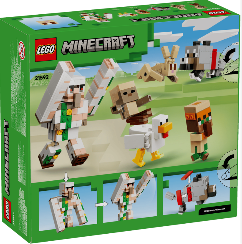 LEGO Minecraft-Verpackung zeigt Ziegel-Figuren: Eisengolem, Schaf, Huhn, Hase, Wolf und Dorfbewohner.