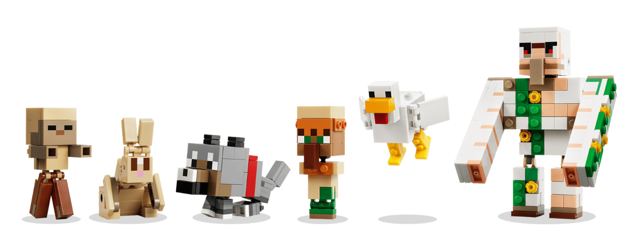 Minecraft-Figuren: Schaf, Hase, Wolf, Dorfbewohner, Huhn und Golem.