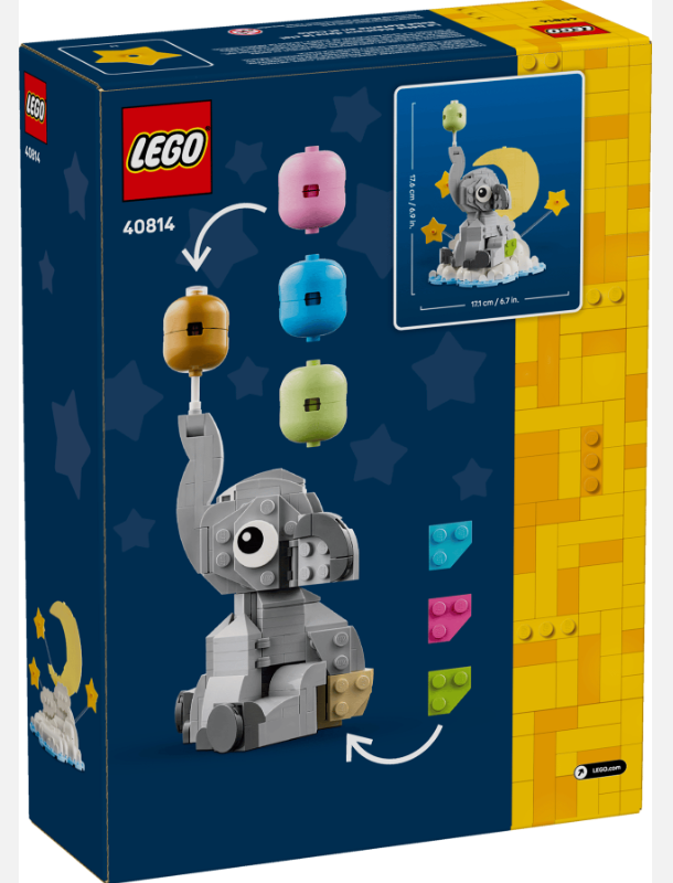 LEGO Elefant Spielzeug mit Ballons, Mond und Sternen auf der Verpackung.