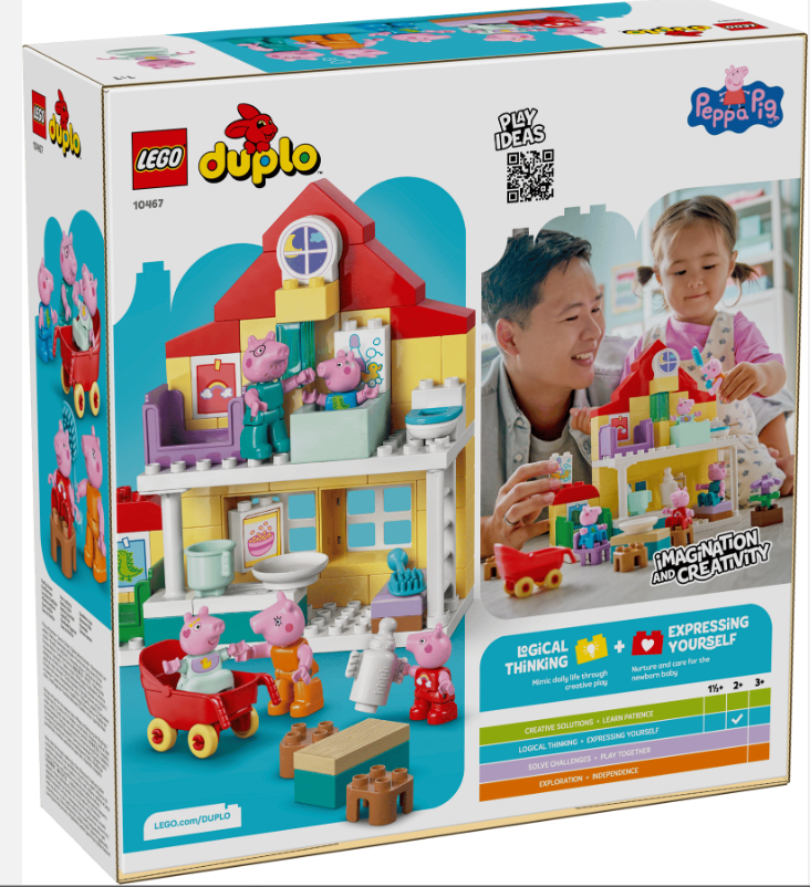 Lego Duplo Peppa Wutz Haus mit Figuren und Spielzeug. Vater und Kind spielen.