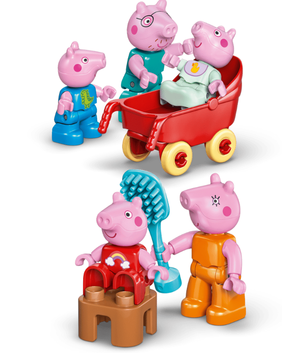 Peppa Wutz Figuren: Familie in Kinderwagen und beim Bürsten.