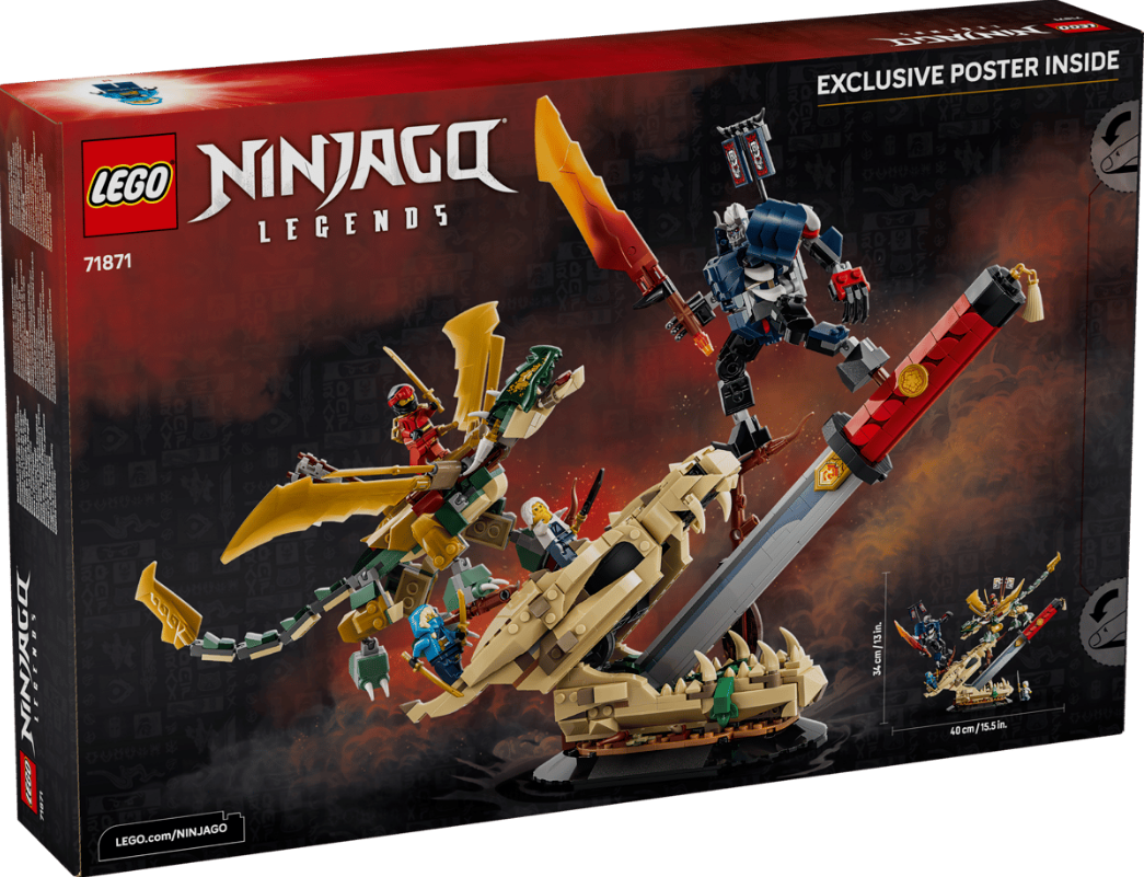 Lego Ninjago Set mit Drachen, Rittern und einem großen Schwert auf rotem Hintergrund.