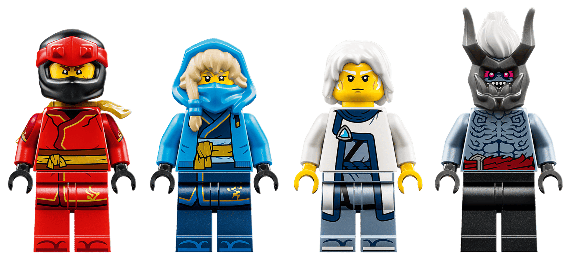 Vier Lego-Figuren: ein roter Ninja, ein blauer Ninja, ein weißer Ninja und ein Monster.