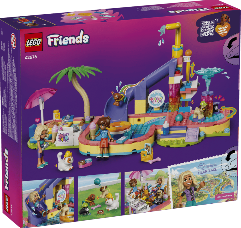 Lego Friends Wasserpark-Set mit Rutschen, Figuren, Tieren und Eiscreme.