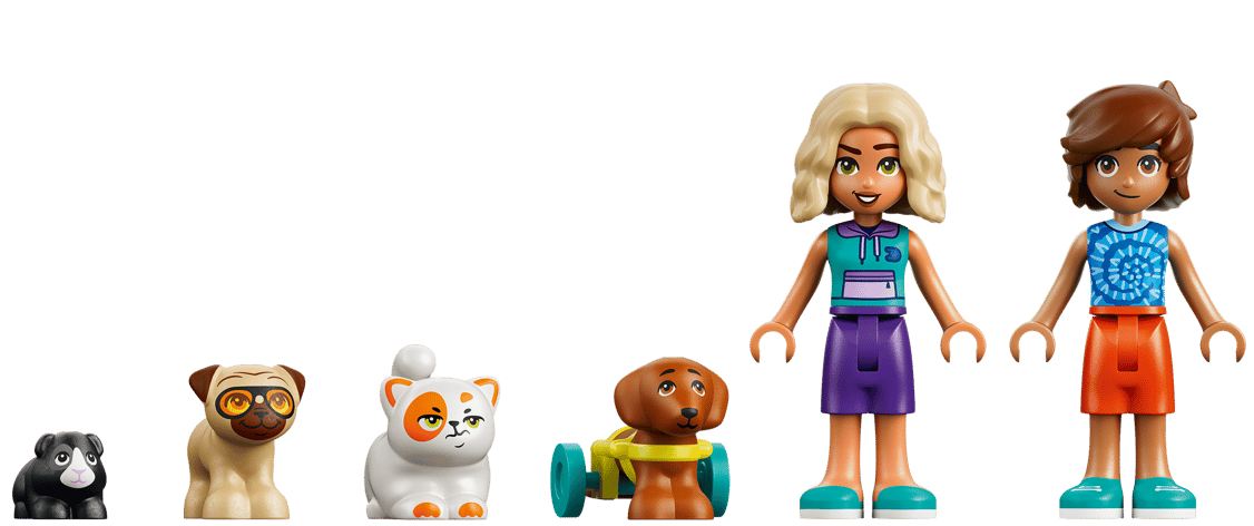 Fünf Lego-Figuren: ein schwarzer Hund, Mops mit Brille, weiße Katze, brauner Hund mit Wagen, zwei Mädchen.
