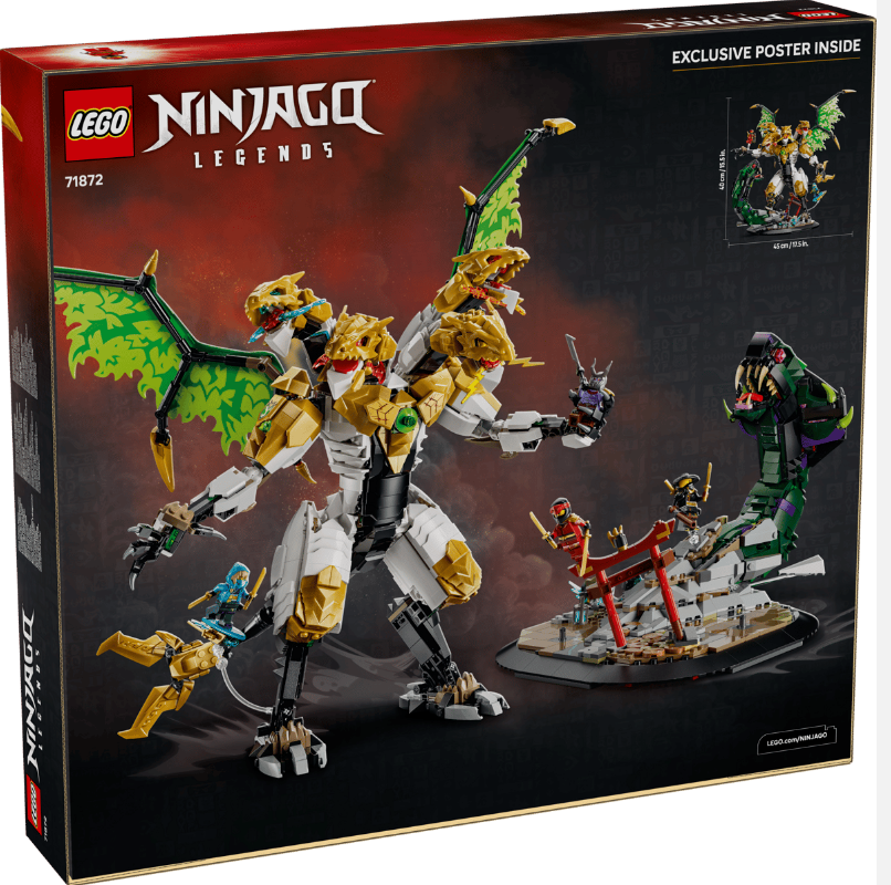 LEGO Ninjago Set 71872: Goldener Drachen-Mech kämpft gegen eine Schlange.