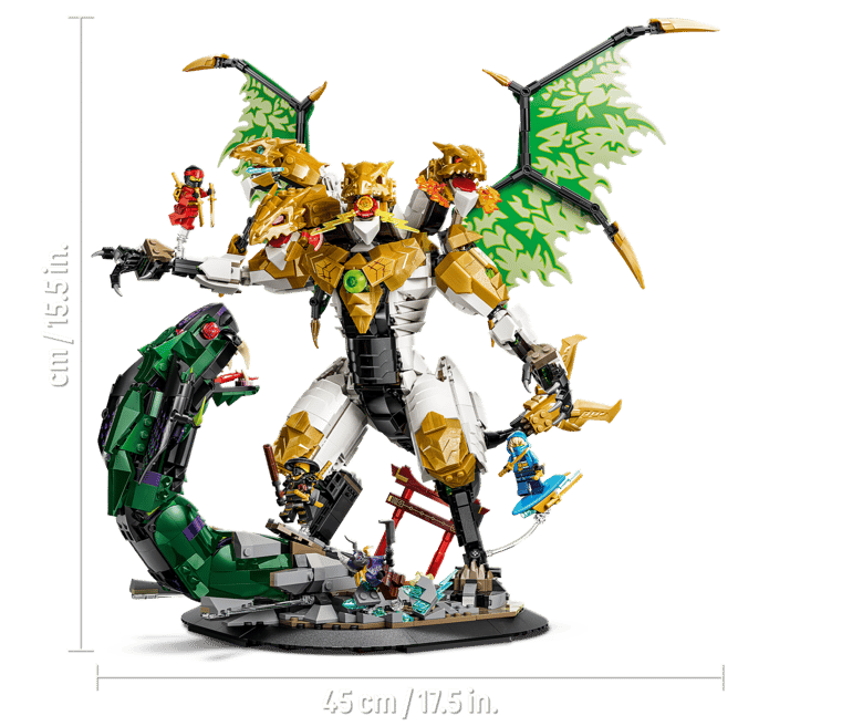 Goldener Lego-Drachen-Roboter mit grüner Schlange und Minifiguren.