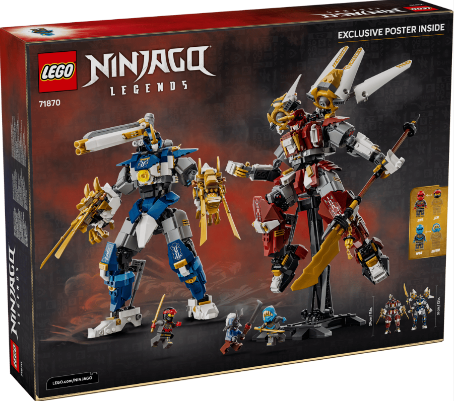 Zwei LEGO Ninjago Mechs in Rot und Blau stehen nebeneinander. Kleine Figuren sind davor.