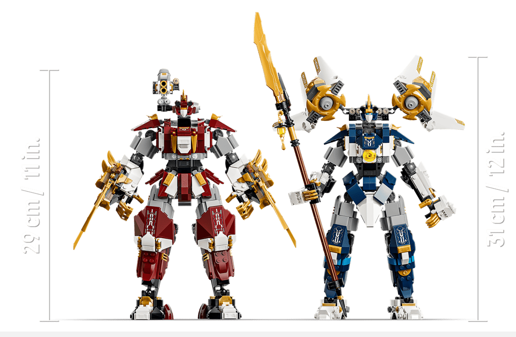 Zwei Mech-Roboter, rot und blau, mit Waffen. Größenangaben daneben.