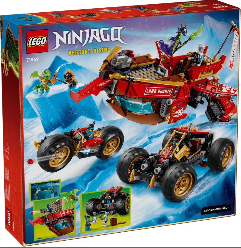 Lego Ninjago Dragons Rising Spielzeugbox mit Fahrzeugen und Figuren auf Eis.