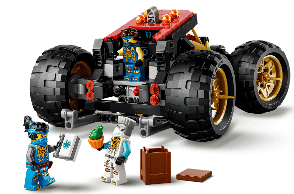 Ein Ninjago-Fahrzeug mit Minifiguren und Beutekisten.