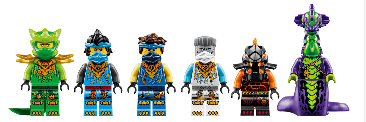 Sechs Ninjago-Figuren und eine Drachenfigur, auf einem weißen Hintergrund.