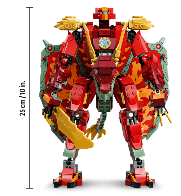 Ein roter Lego-Drachen-Mech mit goldenen Akzenten, Flügeln und einem Schwert.