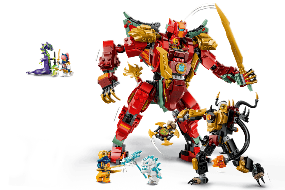 Rote und goldene Kampfroboter mit Figuren und einem lila Drachen auf weißem Grund.