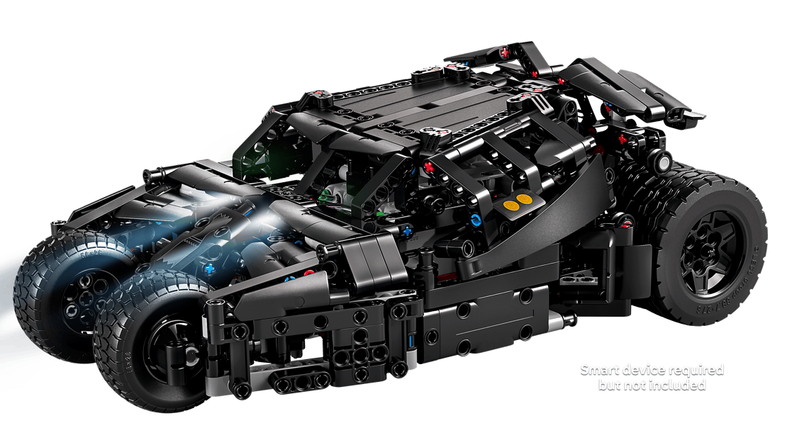 Schwarzes Lego-Technic-Modell eines Batmobils mit detaillierter Karosserie und Reifen.